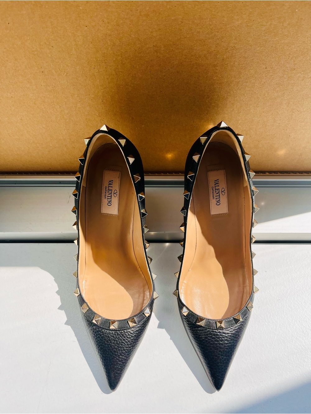 Valentino Garavani Black Leather Pointed Toe Heels with Gold Rockstuds
